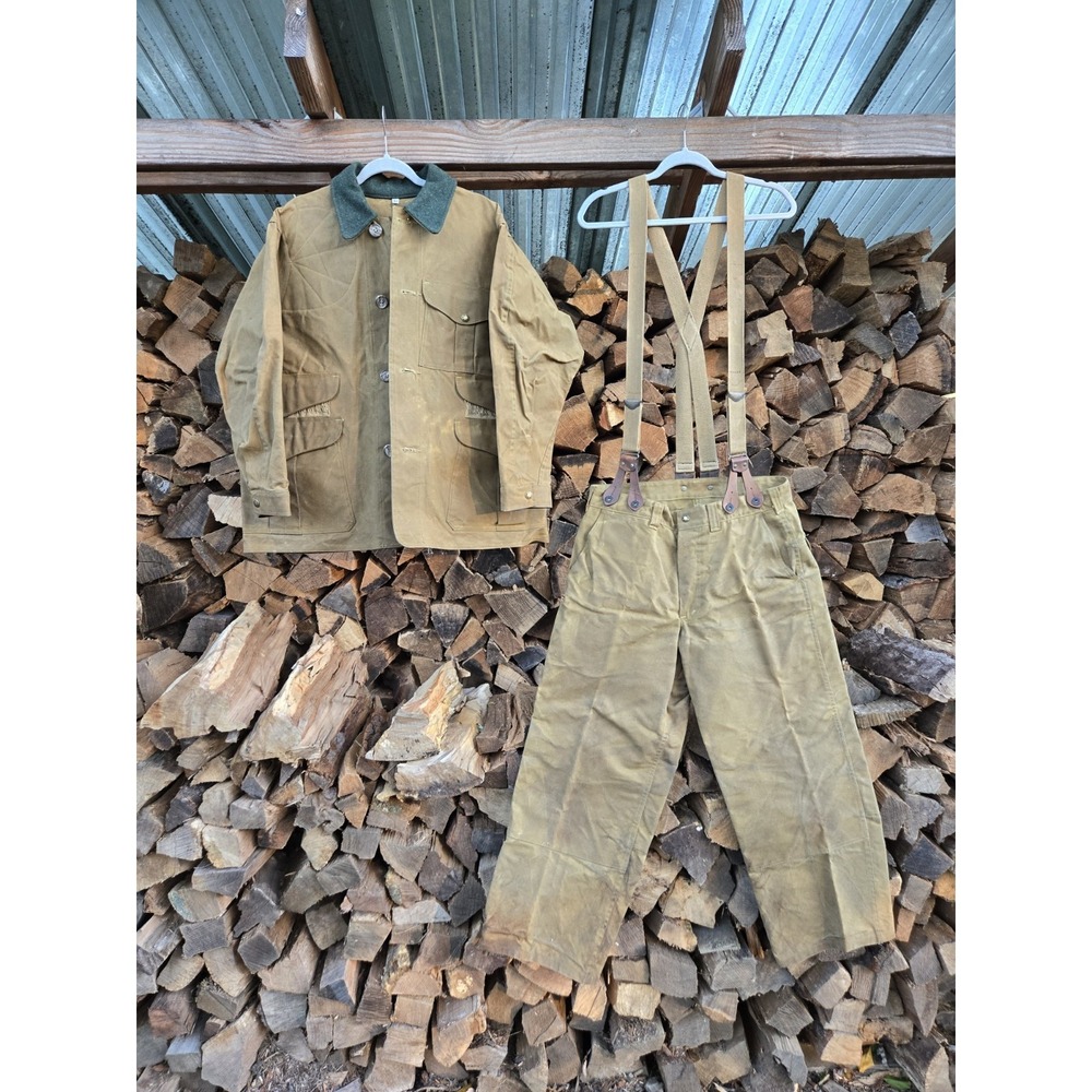 FILSON Tin Cloth Waxed Canvas‎ Jacket with Double Tin Pants And Suspenders